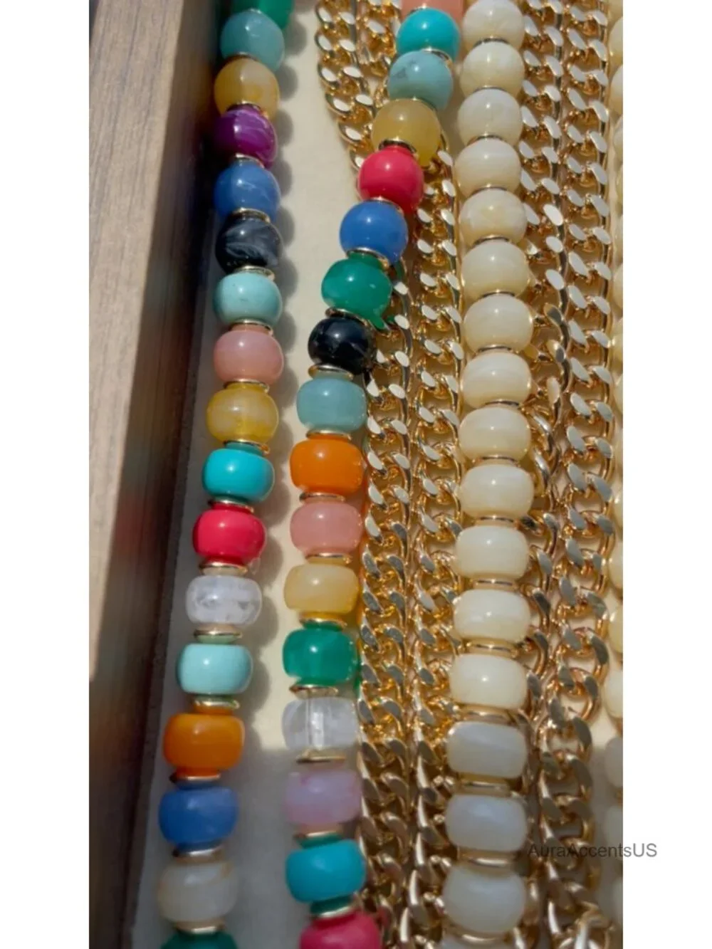Layered Acrylic Beaded Choker Necklace 14K Gold Plated Heart Pendant